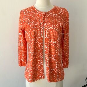 Carole Little Orange & White Mosaic Print Fine Knit 3/4 Sleeve Cardigan Sweater